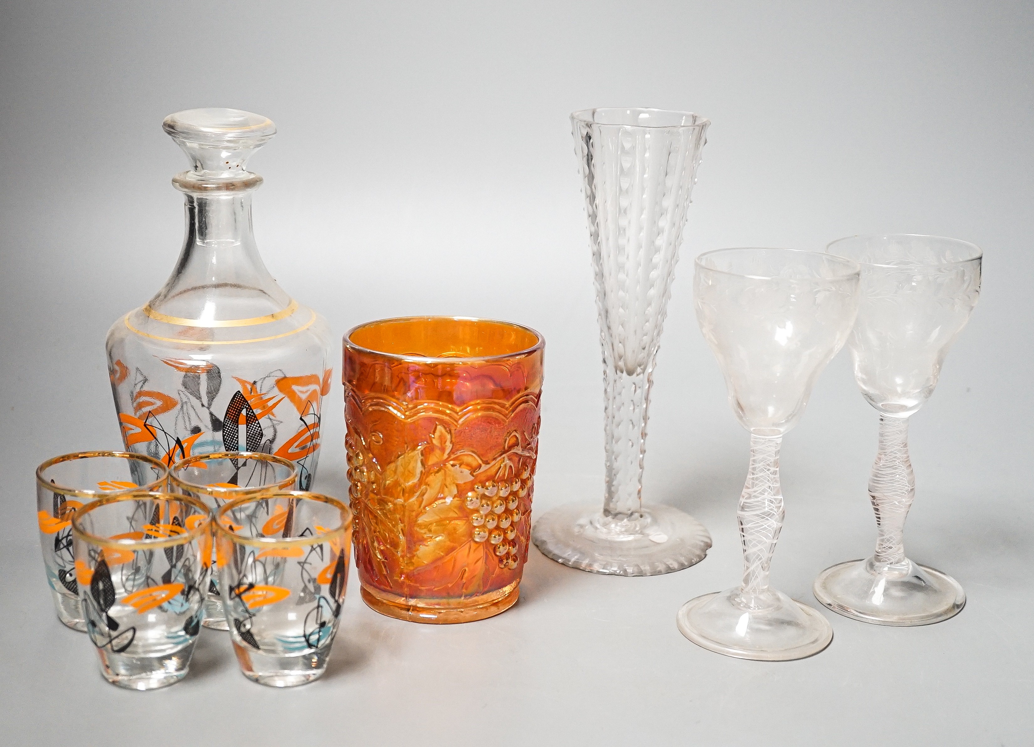 A pair of opaque twist cordial glasses with floral engraved bowls, 14cm and sundry glassware